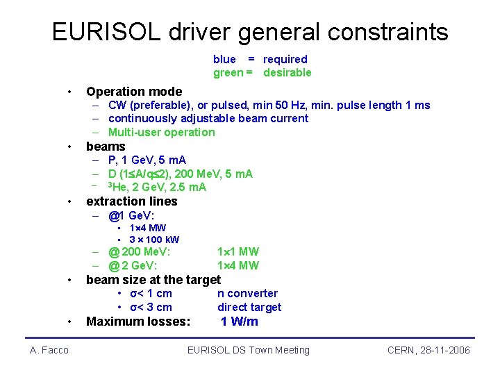 EURISOL driver general constraints blue = required green = desirable • Operation mode –