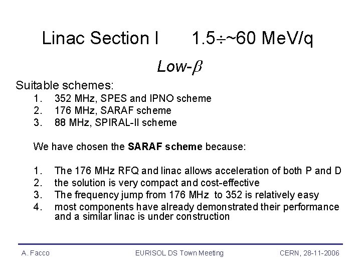 Linac Section I 1. 5 ~60 Me. V/q Low- Suitable schemes: 1. 2. 3.