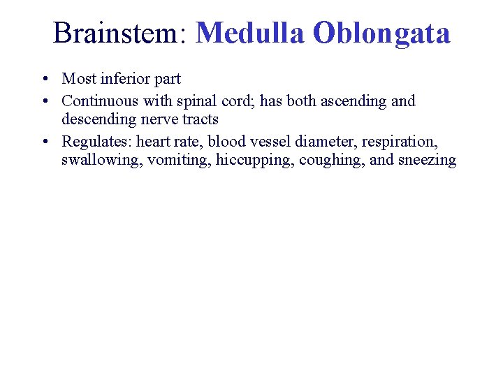 Brainstem: Medulla Oblongata • Most inferior part • Continuous with spinal cord; has both Brainstem: Medulla Oblongata • Most inferior part • Continuous with spinal cord; has both