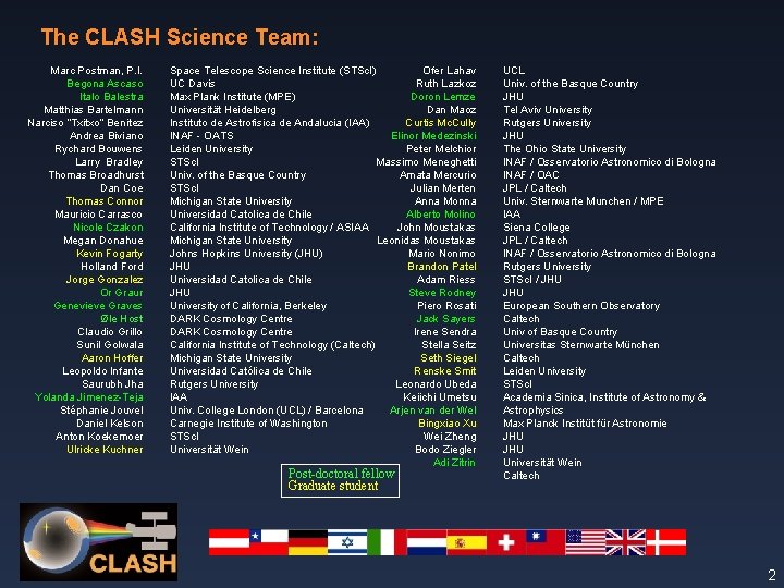 The CLASH Science Team: Marc Postman, P. I. Begona Ascaso Italo Balestra Matthias Bartelmann