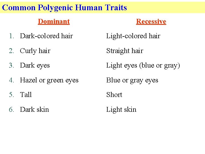 Common Polygenic Human Traits Dominant Recessive 1. Dark-colored hair Light-colored hair 2. Curly hair