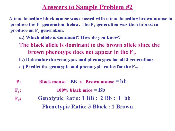 Answers to Sample Problem #2 A true breeding black mouse was crossed with a