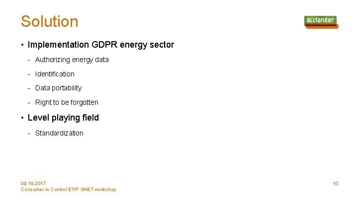 Solution • Implementation GDPR energy sector - Authorizing energy data - Identification - Data