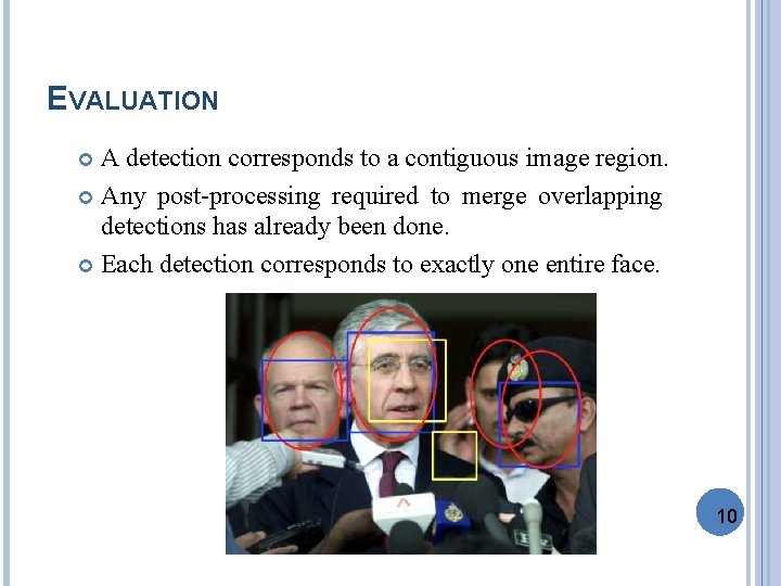 EVALUATION A detection corresponds to a contiguous image region. Any post-processing required to merge
