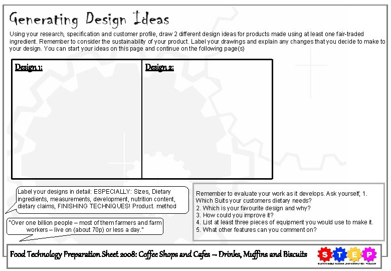 Using your research, specification and customer profile, draw 2 different design ideas for products