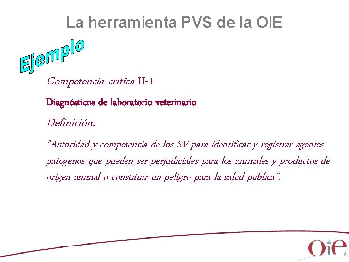 La herramienta PVS de la OIE Competencia crítica II-1 Diagnósticos de laboratorio veterinario Definición: