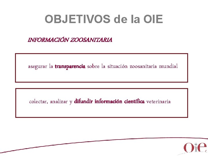 OBJETIVOS de la OIE INFORMACIÓN ZOOSANITARIA asegurar la transparencia sobre la situación zoosanitaria mundial