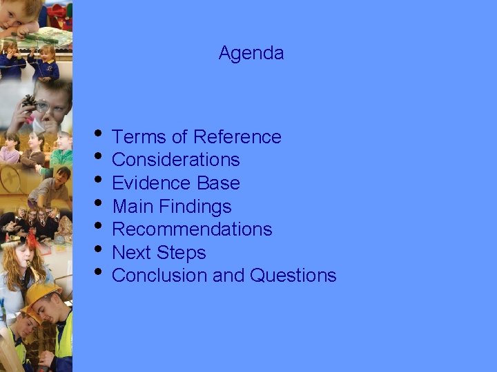 Agenda • Terms of Reference • Considerations • Evidence Base • Main Findings •