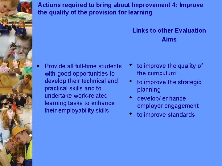 Actions required to bring about Improvement 4: Improve the quality of the provision for