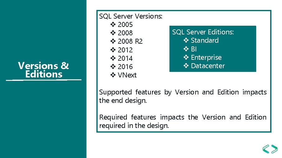 Versions & Editions SQL Server Versions: v 2005 v 2008 R 2 v 2014