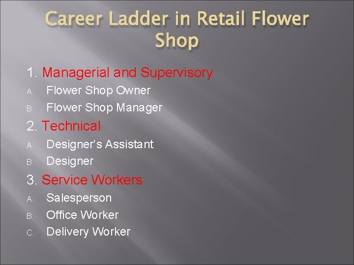 Career Ladder in Retail Flower Shop 1. Managerial and Supervisory A. B. Flower Shop