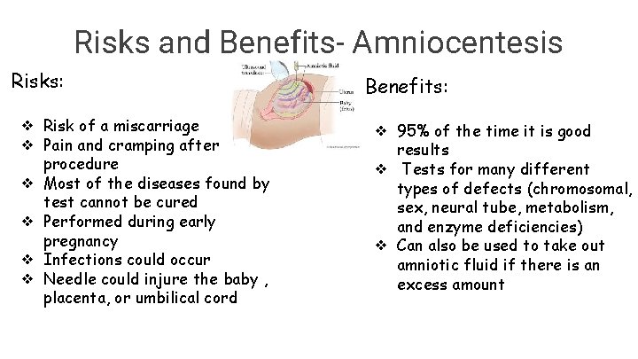Risks and Benefits- Amniocentesis Risks: ❖ Risk of a miscarriage ❖ Pain and cramping