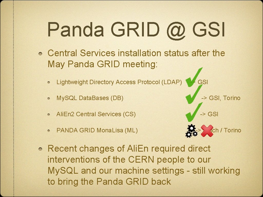 Panda GRID @ GSI Central Services installation status after the May Panda GRID meeting:
