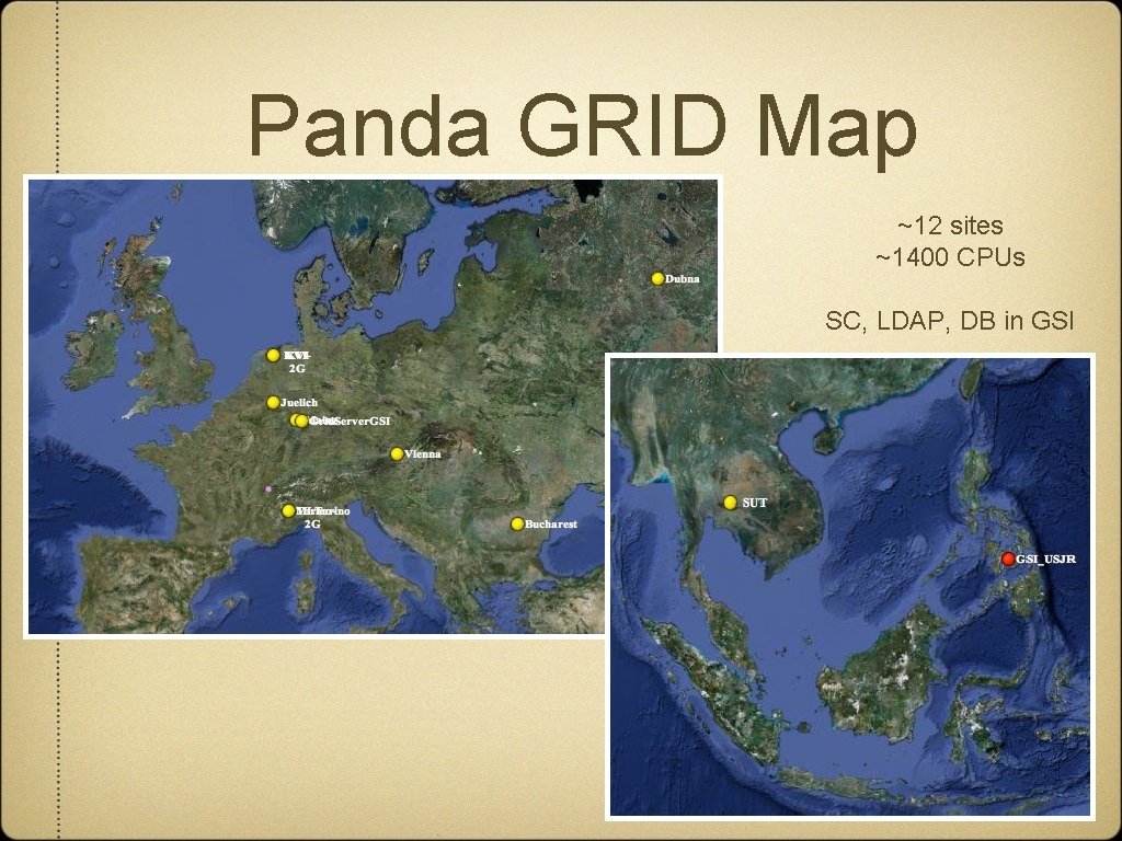 Panda GRID Map ~12 sites ~1400 CPUs SC, LDAP, DB in GSI 