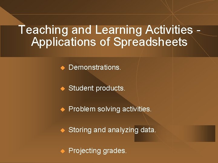 Teaching and Learning Activities Applications of Spreadsheets u Demonstrations. u Student products. u Problem Teaching and Learning Activities Applications of Spreadsheets u Demonstrations. u Student products. u Problem