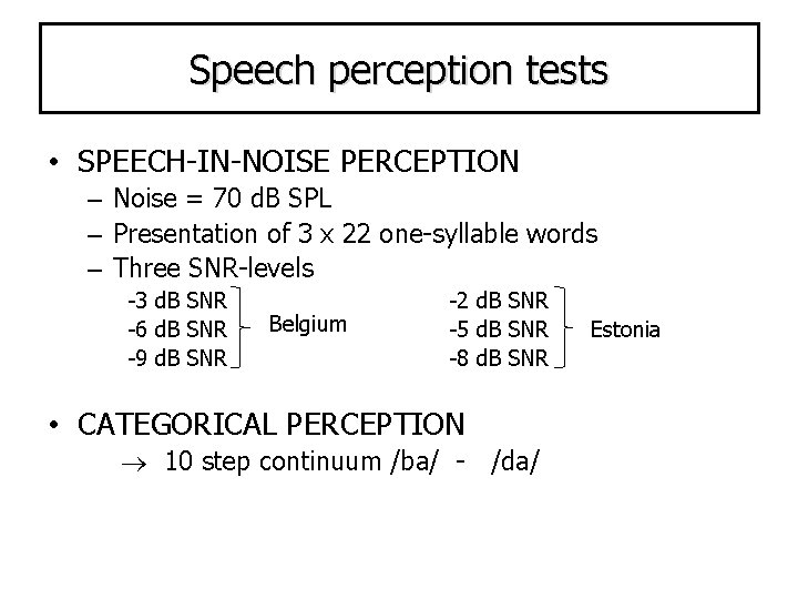 Speech perception tests • SPEECH-IN-NOISE PERCEPTION – Noise = 70 d. B SPL –