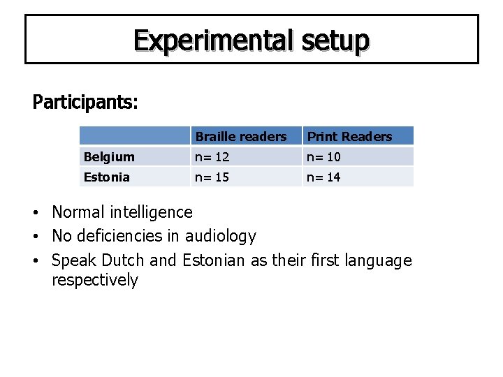 Experimental setup Participants: Braille readers Print Readers Belgium n= 12 n= 10 Estonia n=