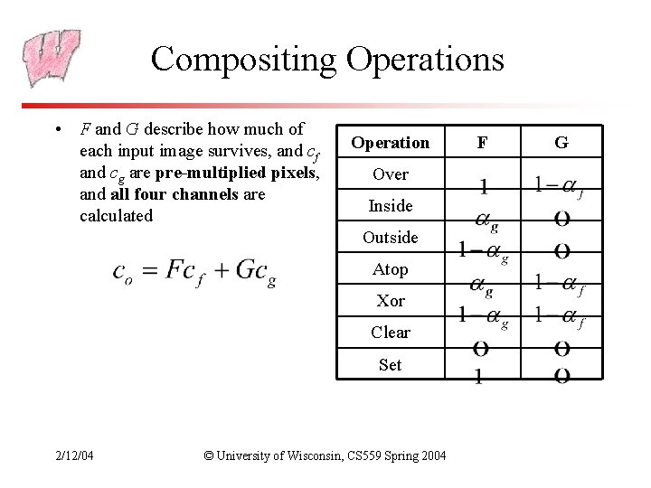 Compositing Operations • F and G describe how much of each input image survives,