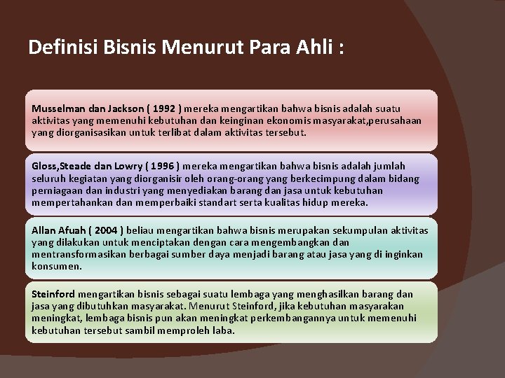 Definisi Bisnis Menurut Para Ahli : Musselman dan Jackson ( 1992 ) mereka mengartikan
