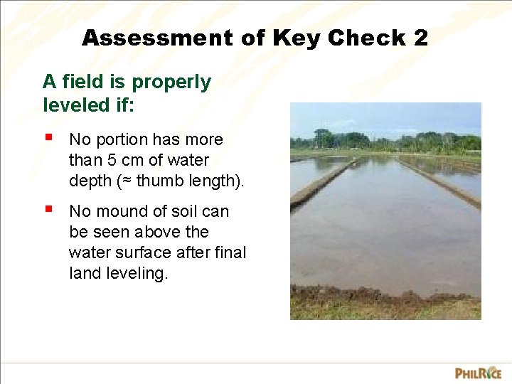 Assessment of Key Check 2 A field is properly leveled if: § No portion