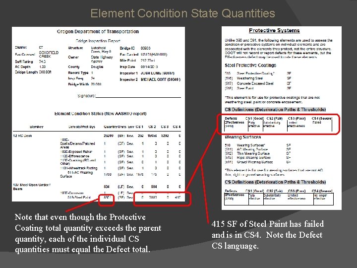 Element Condition State Quantities Note that even though the Protective Coating total quantity exceeds