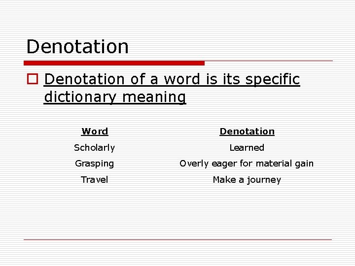 Denotation of a word is its specific dictionary meaning Word Denotation Scholarly Learned Grasping