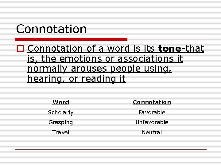 Connotation of a word is its tone-that is, the emotions or associations it normally