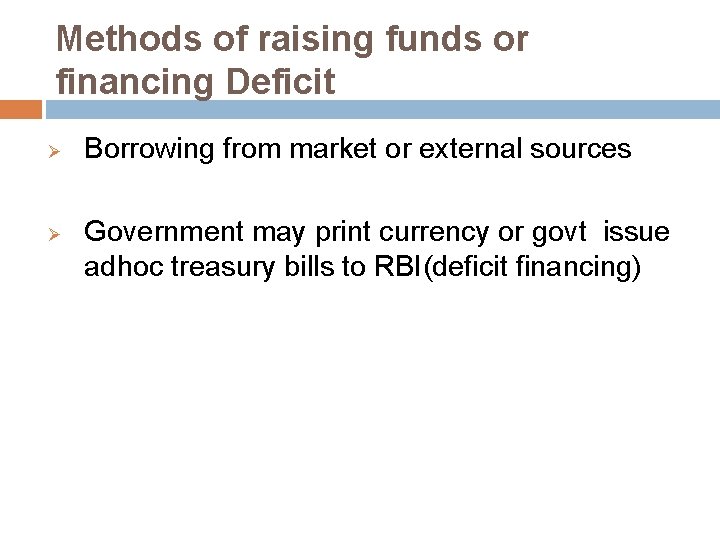 Methods of raising funds or financing Deficit Ø Ø Borrowing from market or external