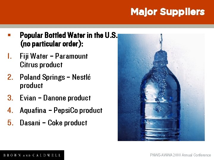 Major Suppliers § Popular Bottled Water in the U. S. (no particular order): 1.