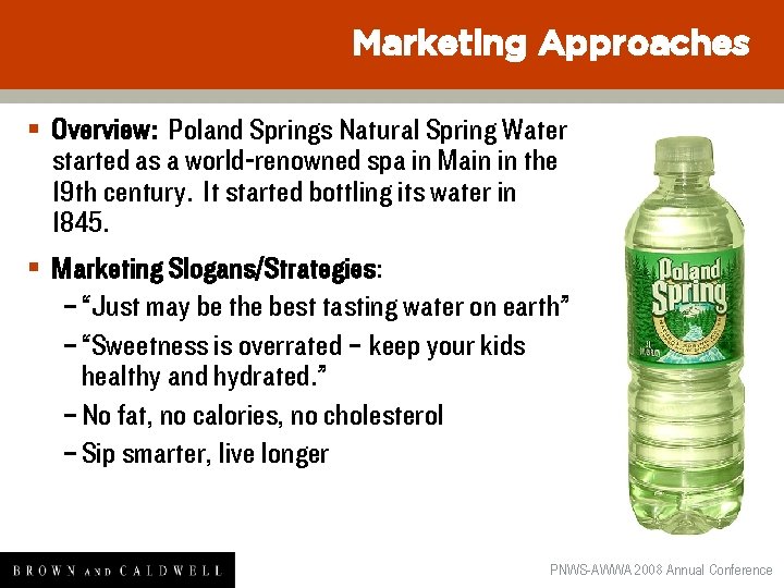 Marketing Approaches § Overview: Poland Springs Natural Spring Water started as a world-renowned spa