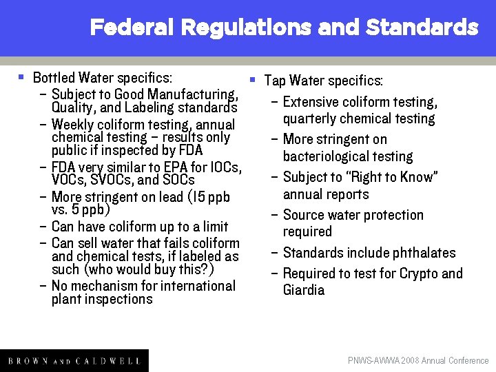 Federal Regulations and Standards § Bottled Water specifics: § Tap Water specifics: – Subject