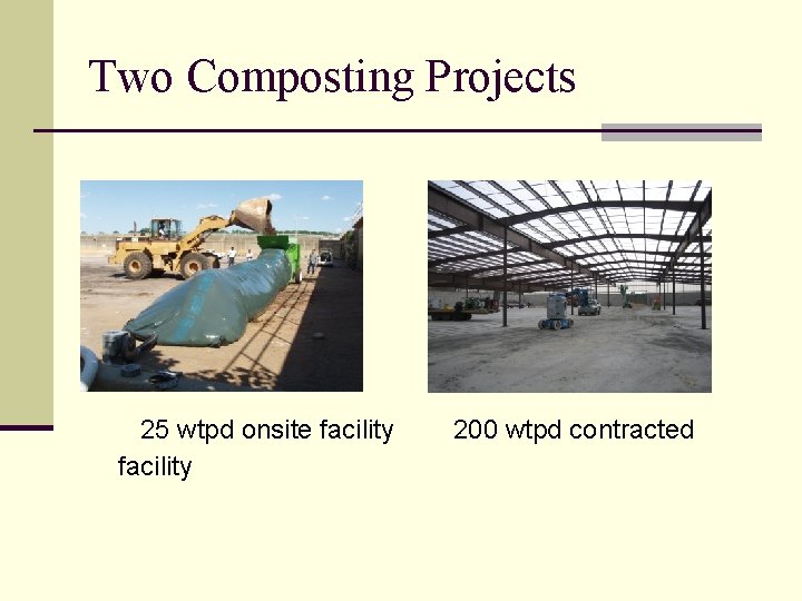 Two Composting Projects 25 wtpd onsite facility 200 wtpd contracted 