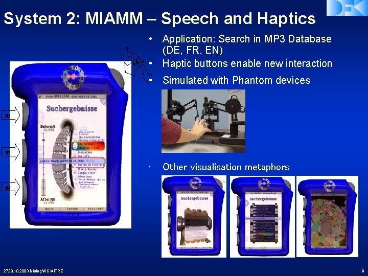 System 2: MIAMM – Speech and Haptics • Application: Search in MP 3 Database