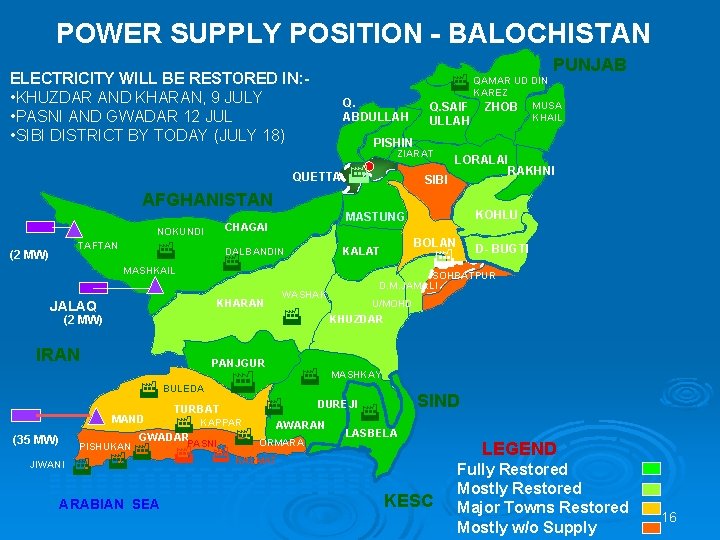 POWER SUPPLY POSITION - BALOCHISTAN ELECTRICITY WILL BE RESTORED IN: • KHUZDAR AND KHARAN,