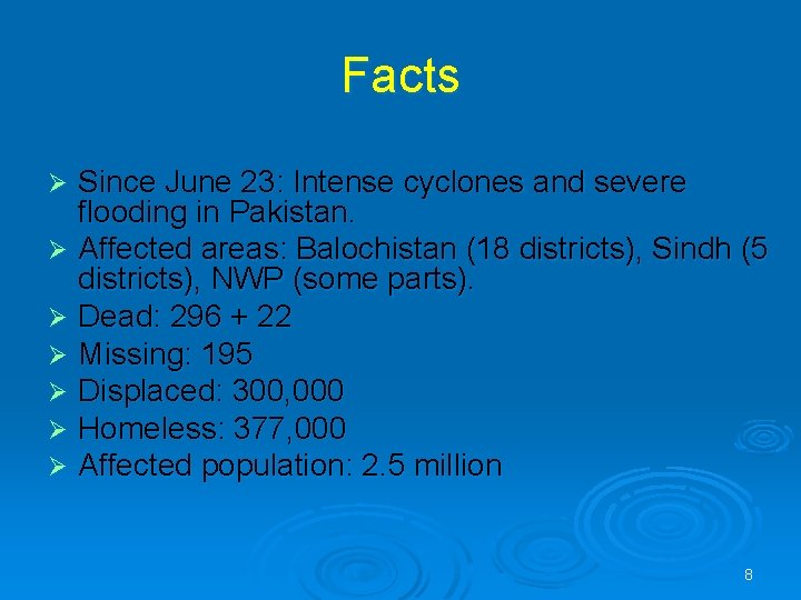 Facts Since June 23: Intense cyclones and severe flooding in Pakistan. Ø Affected areas: