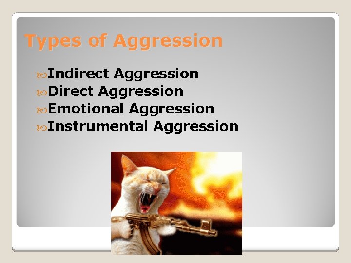Types of Aggression Indirect Aggression Direct Aggression Emotional Aggression Instrumental Aggression 