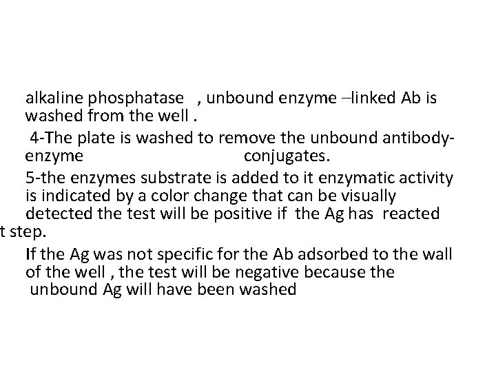 alkaline phosphatase , unbound enzyme –linked Ab is washed from the well. 4 -The