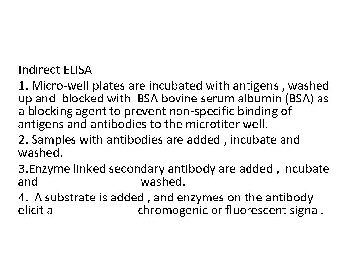 Indirect ELISA 1. Micro-well plates are incubated with antigens , washed up and blocked