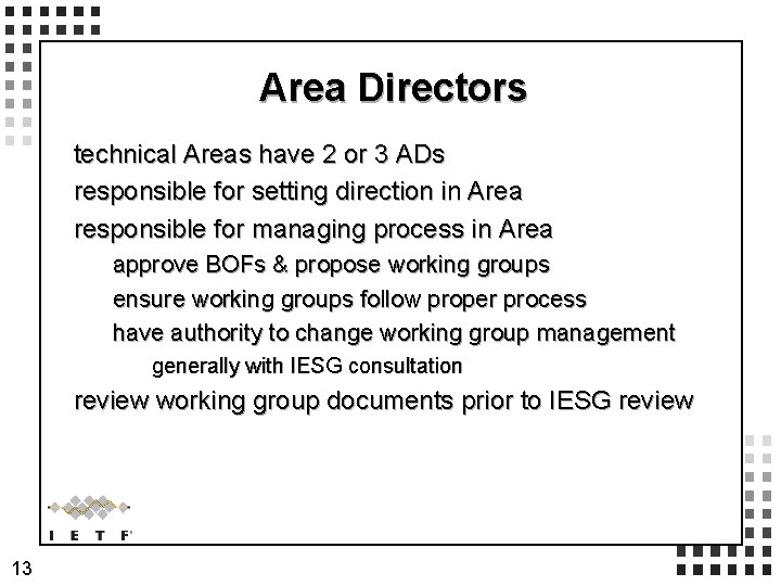 Area Directors technical Areas have 2 or 3 ADs responsible for setting direction in