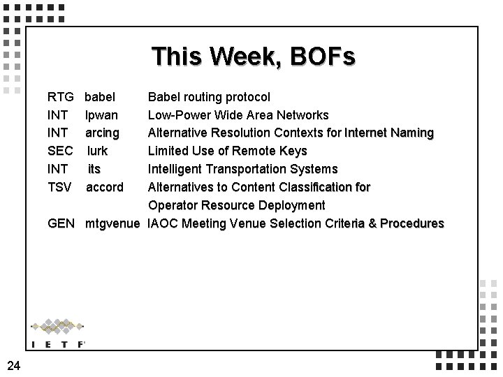 This Week, BOFs RTG babel Babel routing protocol INT lpwan Low-Power Wide Area Networks