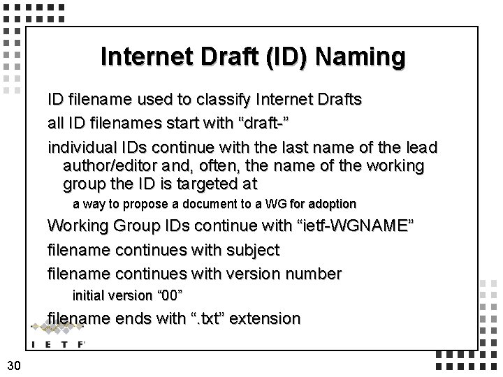 Internet Draft (ID) Naming ID filename used to classify Internet Drafts all ID filenames