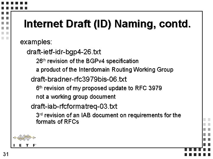 Internet Draft (ID) Naming, contd. examples: draft-ietf-idr-bgp 4 -26. txt 26 th revision of