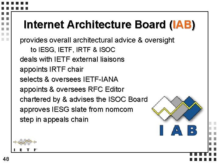 Internet Architecture Board (IAB) provides overall architectural advice & oversight to IESG, IETF, IRTF