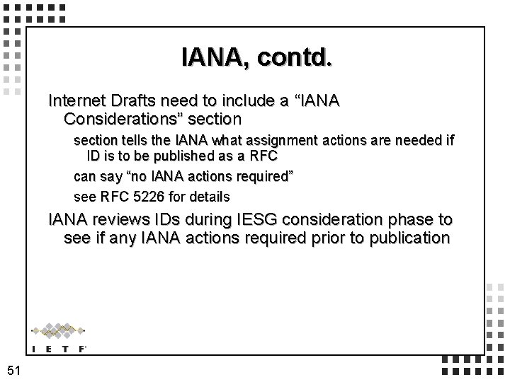IANA, contd. Internet Drafts need to include a “IANA Considerations” section tells the IANA