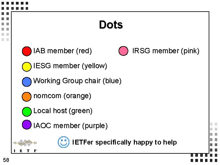 Dots IAB member (red) IRSG member (pink) IESG member (yellow) Working Group chair (blue)