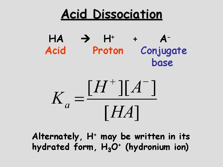 Acid Dissociation HA Acid H+ + AProton Conjugate base Alternately, H+ may be written