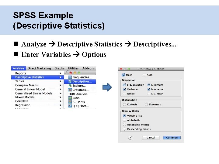 SPSS Example (Descriptive Statistics) Analyze Descriptive Statistics Descriptives. . . Enter Variables Options 