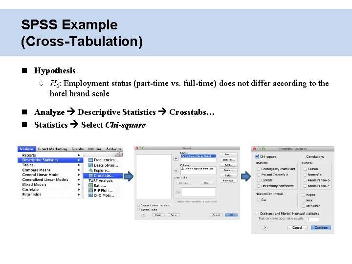 SPSS Example (Cross-Tabulation) Hypothesis ○ H 0: Employment status (part-time vs. full-time) does not