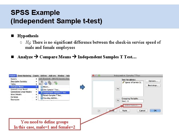 SPSS Example (Independent Sample t-test) Hypothesis ○ H 0: There is no significant difference
