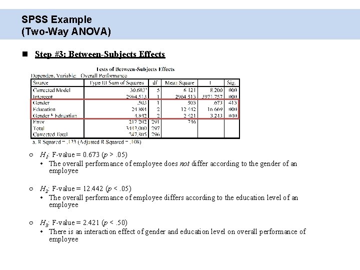 SPSS Example (Two-Way ANOVA) Step #3: Between-Subjects Effects ○ H 1: F-value = 0.